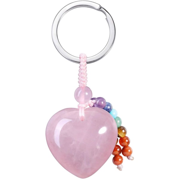 Natural Crystal Heart Gemstone Keychain 7 Chakra Healing Stone Key Ring Charm för kvinnor Rose Quartz