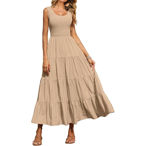 Dame 2025 Afslappet Løs Ensfarvet Maxi Sommerkjole Smock Tank Kjole Ærmeløs Sommer Strand Flæse Lang Kjole XL
