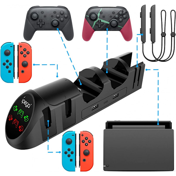 Laddningsstation för Nintendo Switch/Switch OLED-modell Joy Con och för Switch Pro-kontroller Laddningsdocka med USB 2.0-kontakt och portar, Endast för Nint