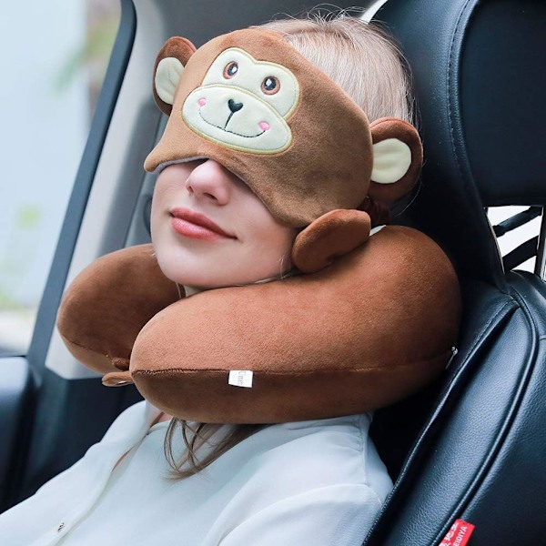 Muistivaahtoinen eläinmatkatyyny, mukava niskatyyny söpöllä silmänaamiolla, kevyt matkatyyny lentokoneeseen, autoon, junaan, bussiin ja kotikäyttöön Monkey