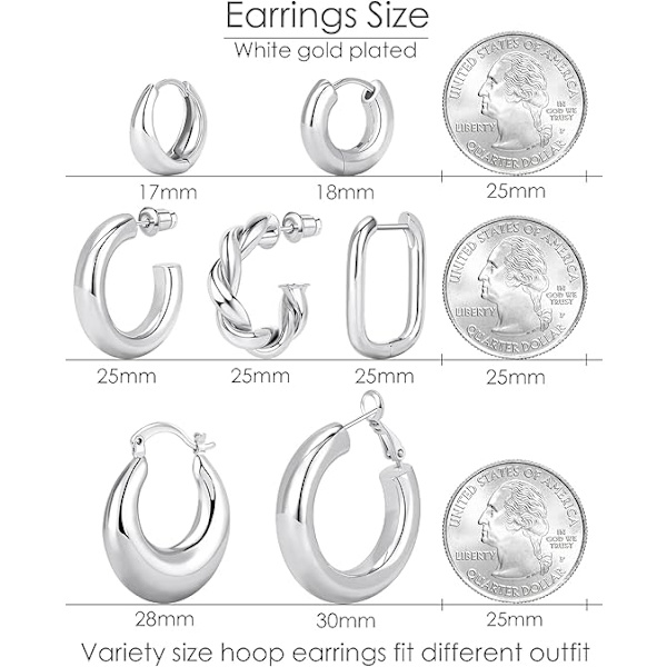 7 st Sliver Hoop Örhängen Set för Kvinnor Sliver Pläterade Chunky Hoops Twisted Huggie Hoop Örhängen för Present Lättvikt Sliver