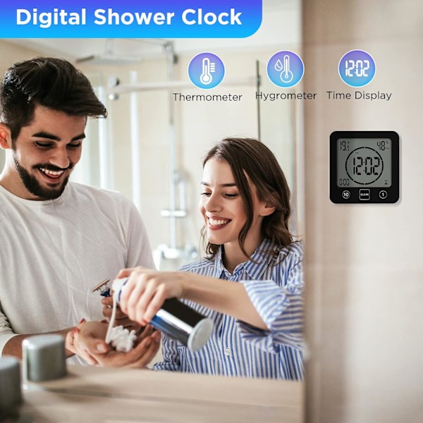Duschklocka Vattentät, Digital Klocka Timer Klocka med Alarm, Badrumsklocka med Sugkopp, Temperatur Fuktighetsdisplay, 3 Monteringsmetoder Black