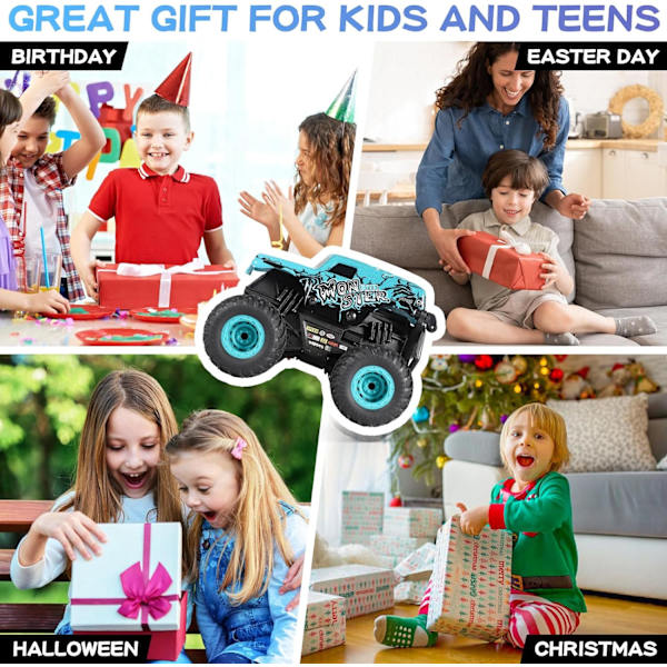 Fjärrstyrd bil, 2,4 GHz terränggående monstertruckleksaker, RC-bil med musik, 3 ljuseffekter, 360 stuntförmåga, leksakspresenter till pojkar och flickor Blue