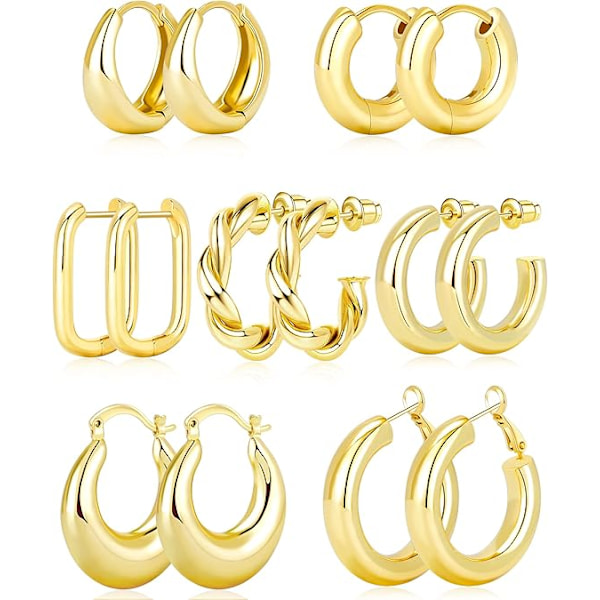 7 stk gull ørepyntsett for kvinner 14K gullbelagt klumpete ringer Twisted Huggie Hoop ørepynt for gave lett Gold