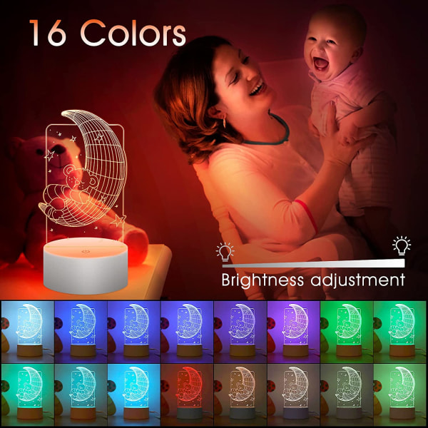 3D Illusion Nattlampa för Flicka, USB Uppladdningsbar, 16 Färger,