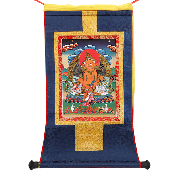 Tibetansk Thangka rikedomsgud Gul Jambhala Buddha buddhistisk dekorativ rullmålning 65*36cm