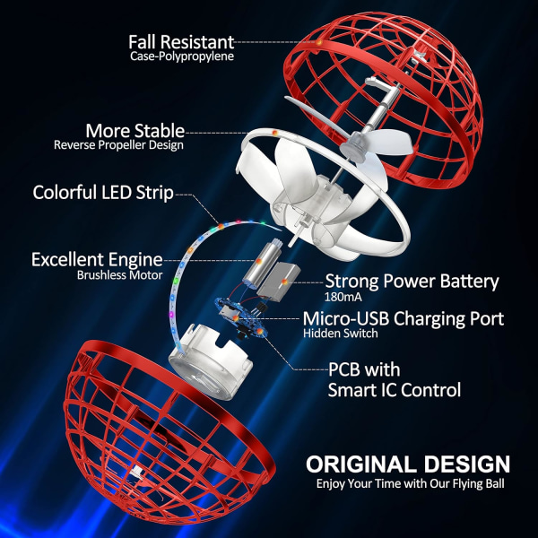 Lentävä pallolelu, Hover Orb, Globe Shape Magic Controller Mini Drone, RGB Lights Spinner 360 pyörivä pyörivä UFO-lelu lapsille aikuisille (punainen)