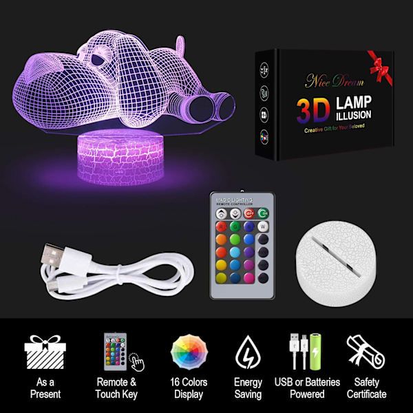 Hunde 3D Illusionslampe, 3D Nattelys Gave til Barn