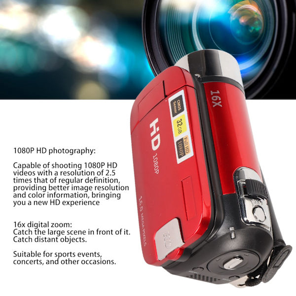 Digitaalinen kamera 1080P 16MP HD 16X zoom, tärinänvaimennus, kädessä pidettävä, sisäänrakennettu mikrofoni, videokamera LED-täyttövalolla Red