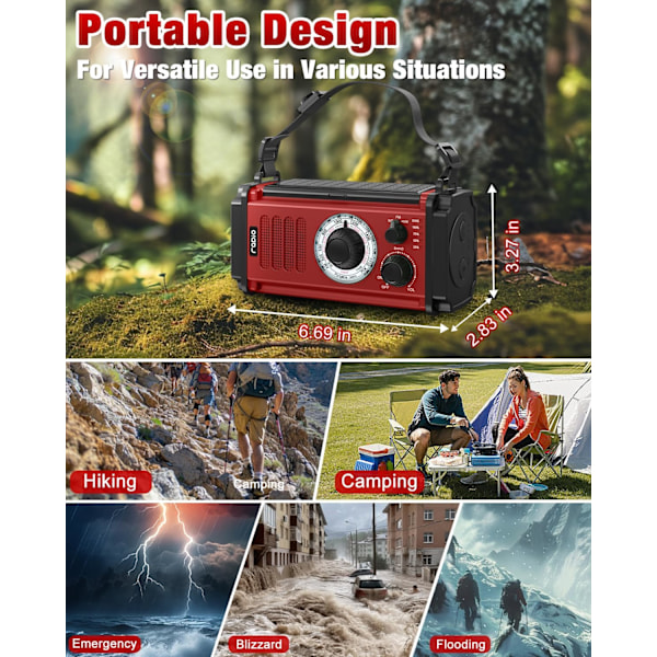 Nödradio, Solradio, 37000mWh Handvevradio, NOAA AM FM Väderradio, 5 Laddningsmetoder, Polymerbatteri, Ficklampa & Läslampa, SOS-Alarm Red