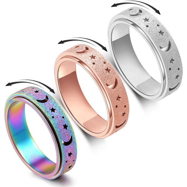 Angst Spinner Fidget Ring til kvinder og voksne - Spinner Fidget Ringe, 3 stk. sæt, Rosaguld, Sølv, Regnbue, Størrelse 6, Dagligdags tilbehør 9