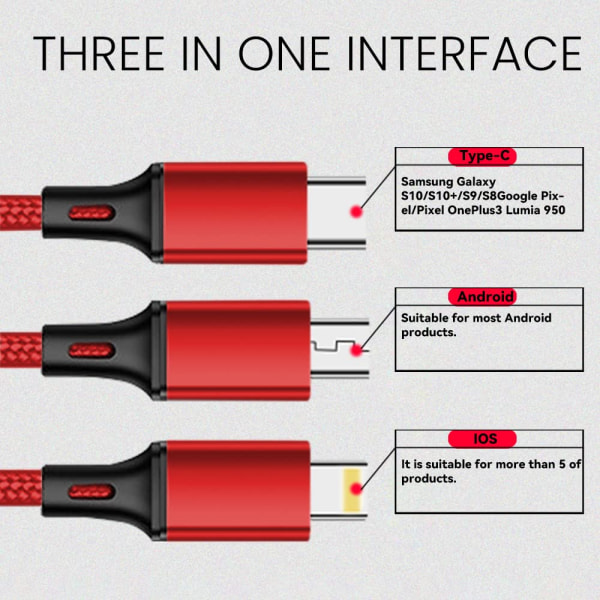 Universal 3-i-1 nylon flätad USB laddningskabel, 4 fot/1,2M,