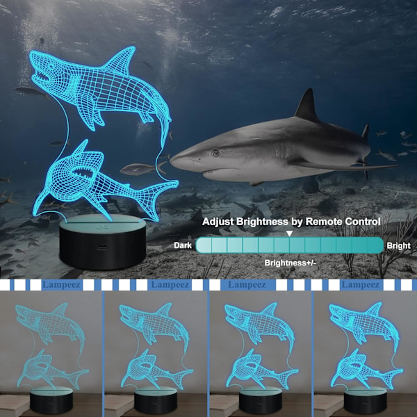 Børne 3D Haj Natlampe Optisk Illusion Lampe med 16 Farver Fjernbetjeningsskiftende Fødselsdagsgaveidé til Drenge og Piger