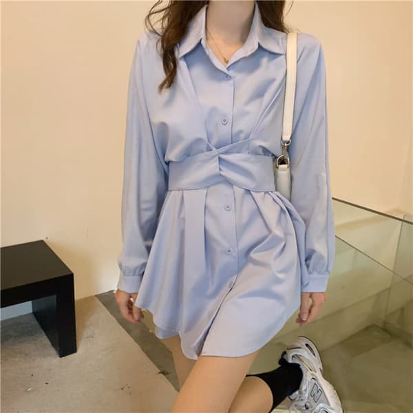 riped Belted Button up Collar Summer Short Shirt Dress(Blå)