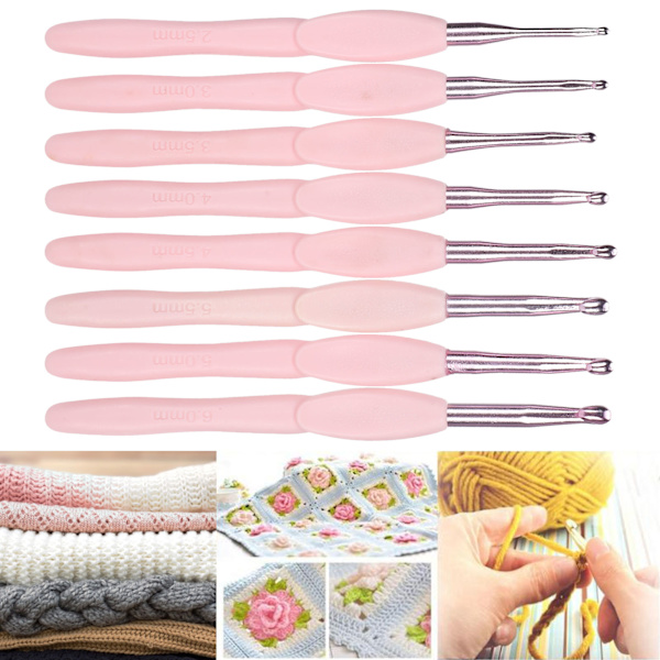 8 st ergonomisk virknålsset stickningsverktyg tröja nål mjukt rosa handtag aluminium TPR