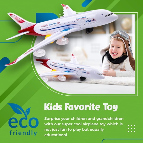 Leksaksplan för barn, Bump and Go Action, Leksaksplan med LED-blixtljus och ljud för pojkar och flickor 3-12 år (Airbus A380)