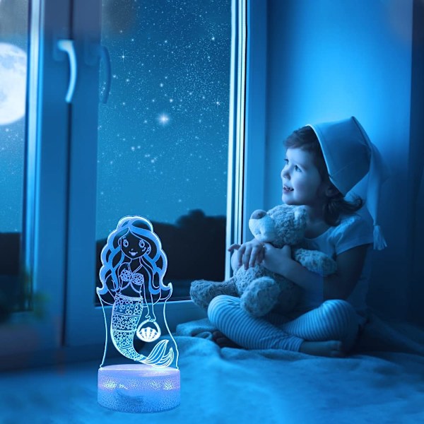 Liten Havfrue 3D Nattelys, Dynamiske RGB Farger Skiftende 3D Illusionslampe med Smart Berøring og Fjernkontroll