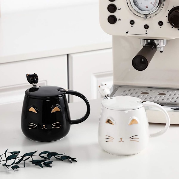 Katt Krus Søt Kaffekrus gave til katteelskere Keramisk Kopp, Nyhet Krus med Lokk og Rustfritt Stål Skje, Jule Bursdagsgaver P Black