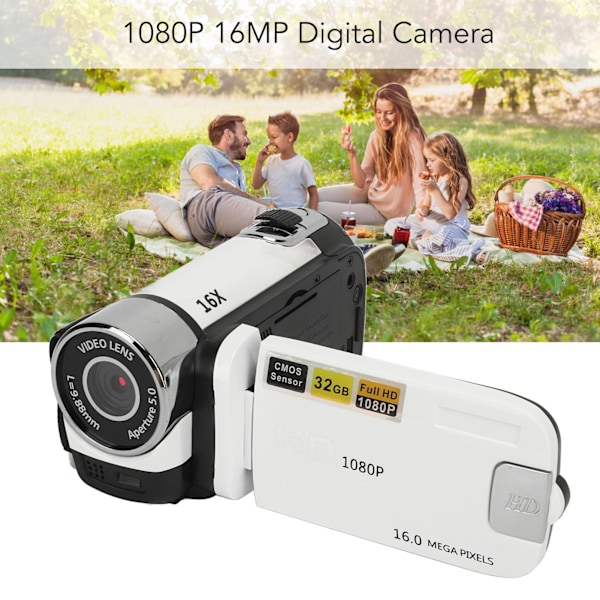 D90 1080P 16MP Digitalkamera 2,4 tommer roterbar skærm videokamera 16x zoom HD videooptager med fyldlys White