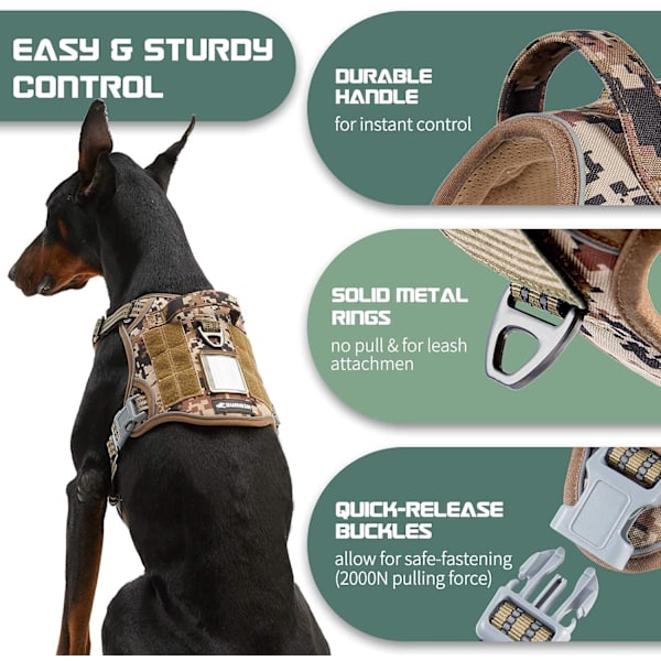 Taktisk hundeseletøye for store hunder, ingen trekk, berømt TIK Tok ingen trekk hundeseletøye, passer smart reflekterende kjæledyr gåsele for trening, justerbar gjør Desert Camo L