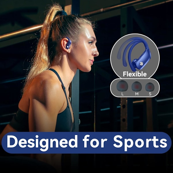 Langattomat nappikuulokkeet Bluetooth-kuulokkeet 48 tunnin toistoaika Urheilukuulokkeet LED-näytöllä Korvan yli -nappikuulokkeet korvakoukuilla Sisäänrakennettu mikrofoni Kuulokemikrofoni Treeniin B Blue