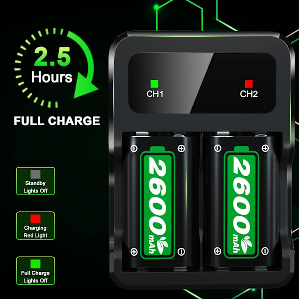 Oppladbart batteripakke for Xbox Series X|S/Xbox One, 2x2600mAh batterier med hurtigladestasjon for Xbox One S/Xbox One X/Xbox One Elite