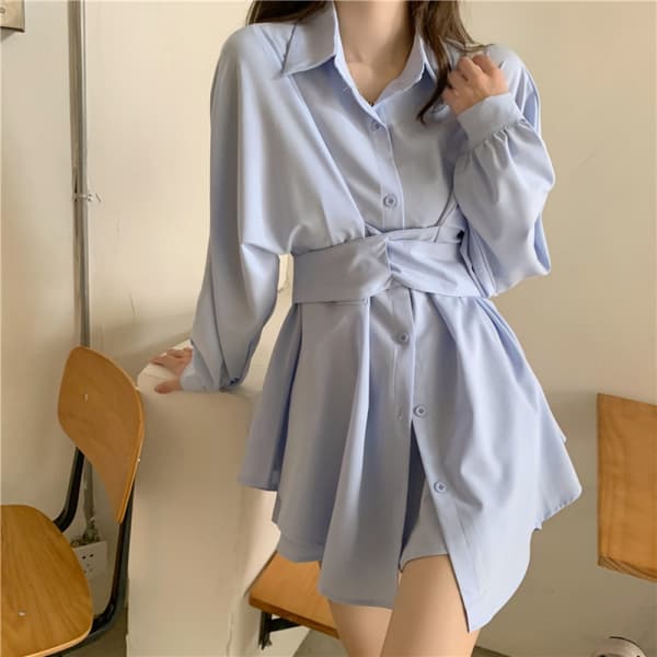 riped Belted Button up Collar Summer Short Shirt Dress(Blå)