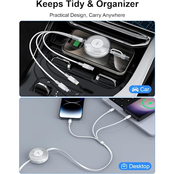 3-i-1 Multi-opladerkabel, Trækbart iPhone-oplader, 100W Hurtigopladning USB-C/A til Lightning/USB-C/Micro USB Telefonopladerkabel White