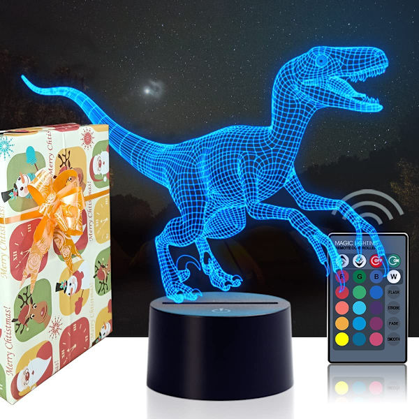 Cool 3D Jurassic Dinosaur Nattlampa, LED Velociraptor Rapt