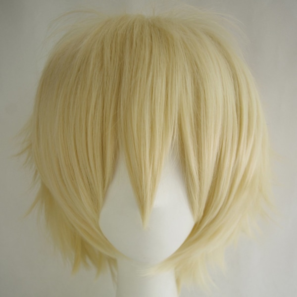 Wekity Unisex Anime Short Cosplay Wig With Bangs Heat Resistant Hair,pale gold