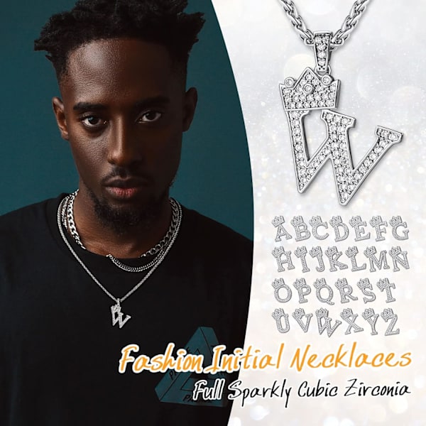 Krone Initial A-Z Halskæde, Iced Out Bogstav Vedhæng med 22-24 Tommer Kæde, Mænd Kvinder Bling Hip Hop Alfabet Navn Smykker Gave Store Initialer Halskæder W Silver