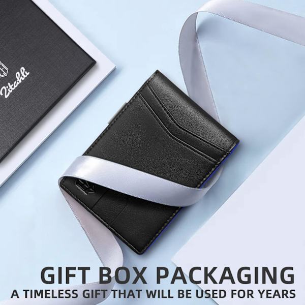 Slim plånbok för män presenter 12 kortplatser ID-fönster med pengaclip minimalistisk RFID framficka bifold läder liten tunn presentask pappa födelsedag Christ Classic Black and Blue