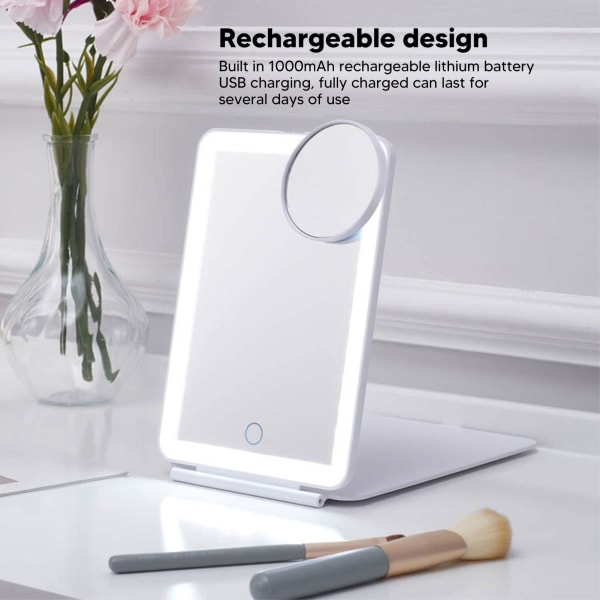 LED Rechargeable Travel Vanity Mirror Folding Portable Lighted Makeup Beauty Mirror with Dimmable Touch Screen