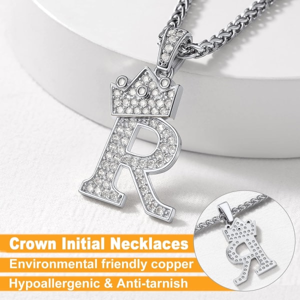 Krone Initial A-Z Halskjede, Iced Out Bokstavanheng med 22-24 Tommers Kjede, Menn Kvinner Bling Hip Hop Alfabet Navn Smykker Gave Store Initialer Halskjeder R Silver