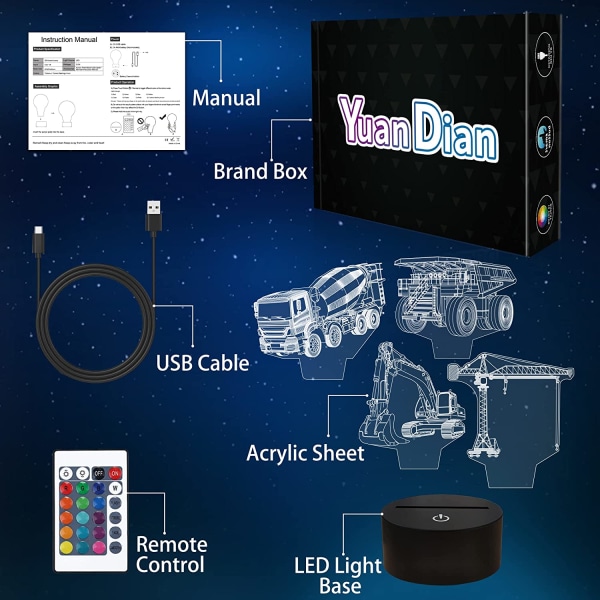 3D Lampe-sett for tungt maskineri, gravemaskiner, tårnkraner, betongbiler, gruvedumper (4 mønstre)