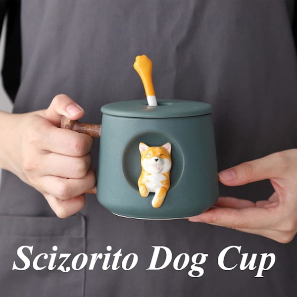 Söt Hundpar Koppar, Keramisk Kaffekopp med Lock, Söta Tassar på Toppen av Skeden, Söt Shiba Inu Tredimensionell Design, med Matt Textur White Head