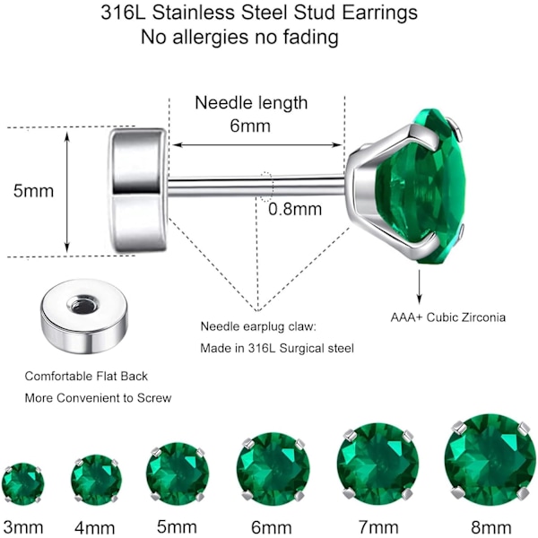 7 Par Hypoallergena Örhängen i Kirurgiskt Stål med Gänga för Brosk, Helix, Lobe | Cubic Zirconia Platt Baksida Örhängen för Kvinnor | Emerald