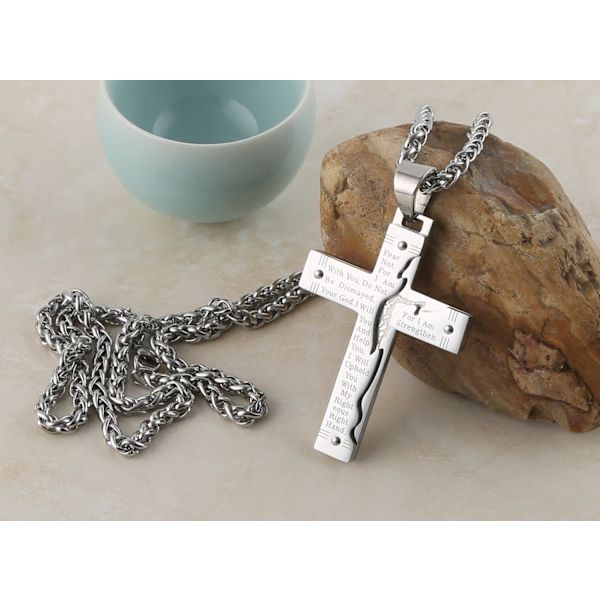 Herre Rustfrit Stål Jesus Kristus Krucifiks Kors Herrens Bøn Vedhæng Halskæde Silver