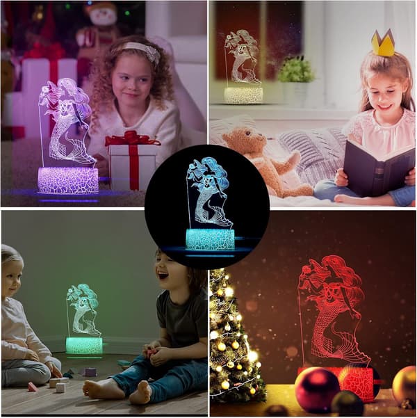 Havfrue 3D Illusjonslampe, LED Nattlys Bursdagsgave til G