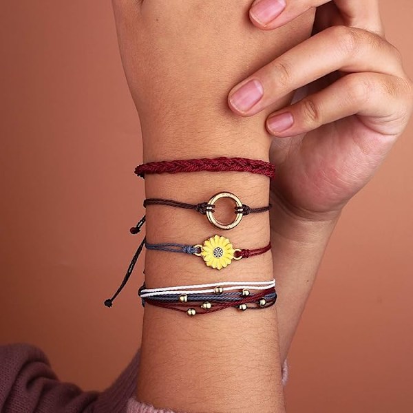 Solrossträngarmband Handgjort Flätad Rep Charm Boho Surfer Armband för Kvinnor Wine