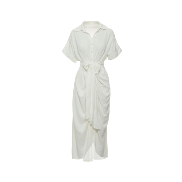 Ditsy Tie Front Button Up Boho Midi Tshirt Klänningar(Vit S)