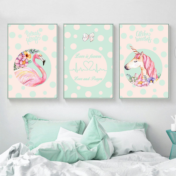 Enhjørninger og flamingoer vægkunst lærredstryk plakat, enkel mode dame stil A