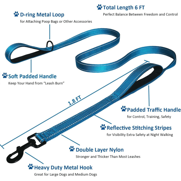 5FT Hundkoppel, Heavy Duty Rope Leash med Dubbel Dual Soft Pa
