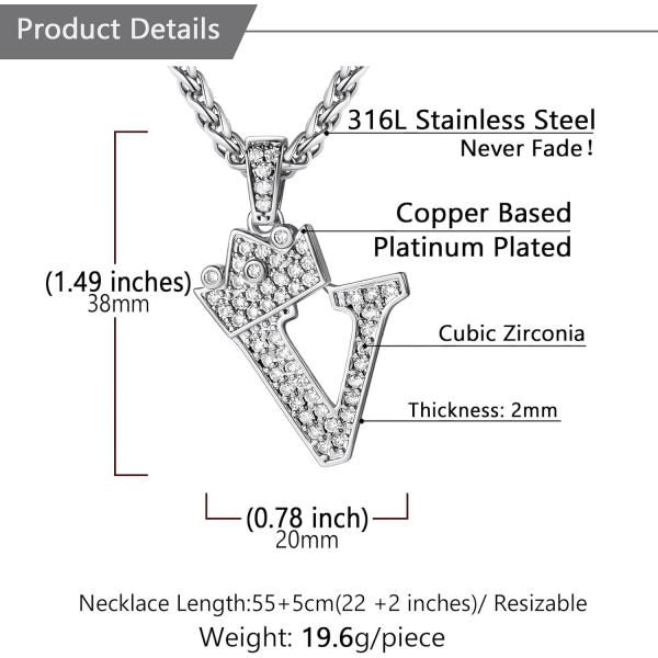 Krone Initial A-Z Halskjede, Iced Out Bokstavanheng med 22-24 Tommers Kjede, Menn Kvinner Bling Hip Hop Alfabet Navn Smykker Gave Store Initialer Halskjeder V Silver