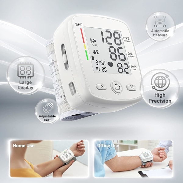 Handledsblodtrycksmätare Digital BP-mätare Uppladdningsbar BP-maskin med 2x99 avläsningar Minne Stor LCD-skärm Röstutsändning Bärbar väska White