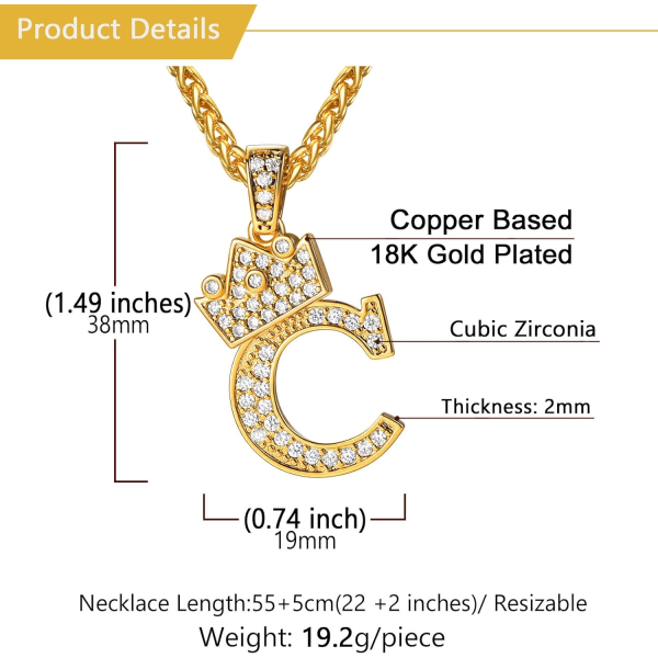 Krone Initial A-Z Halskjede, Iced Out Bokstavanheng med 22-24 Tommers Kjede, Menn Kvinner Bling Hip Hop Alfabet Navn Smykker Gave Store Initialer Halskjeder C 18K Gold