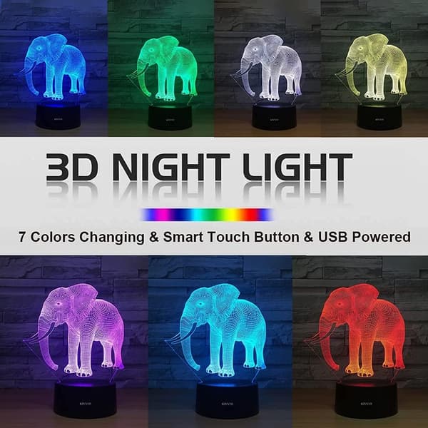 Elefant Visuell 3D Lampe Illusjon 2D Nattlys Julegave