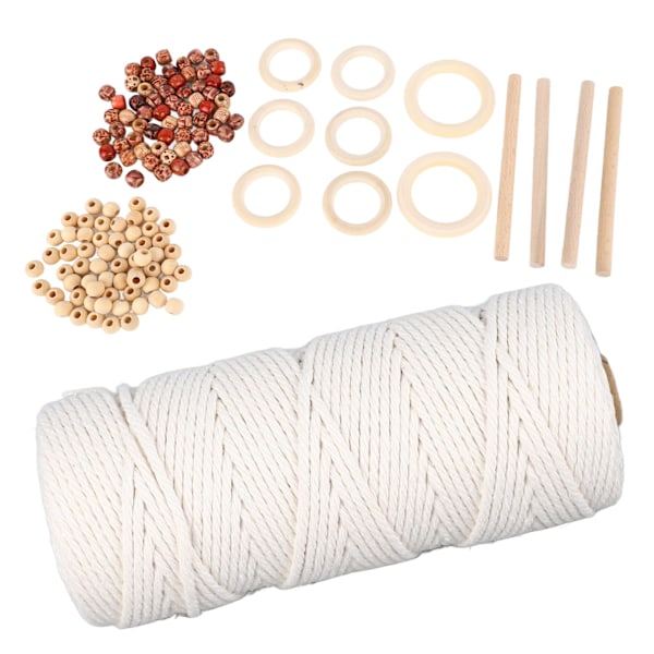 Macramé-kit för nybörjare Bomullsmacramésnöre med träpärlor Träringar Macramé-växtupphängningskit Macramé-tillbehör