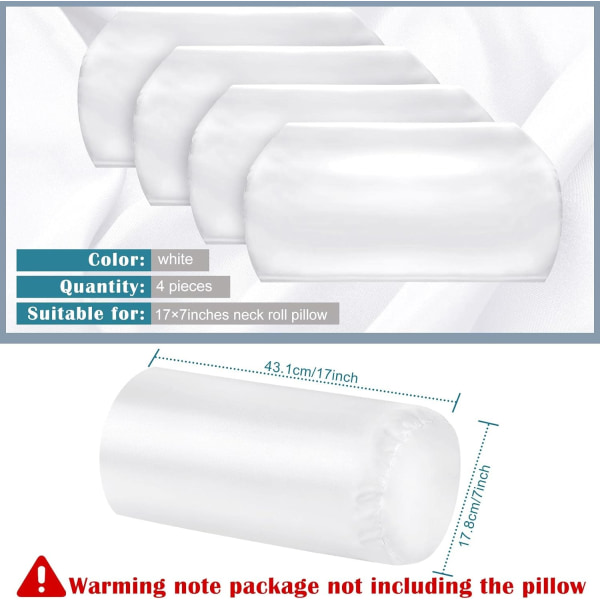 4 kappaleen pakkaus pyöreän kaulan tyynynpäällisen kansi vetoketjulla Bolster-tyynynpäällinen Kaulan kaularullan tyynynpäällinen Satiinisylinterityyny White 17 x 7 inches