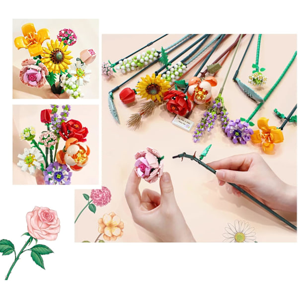 Mini-Lego Blombukett Byggset, Konstgjorda Blommor, DIY Unik Dekoration Hem, 547 Stycken Botanisk Kollektion för Barnpresent